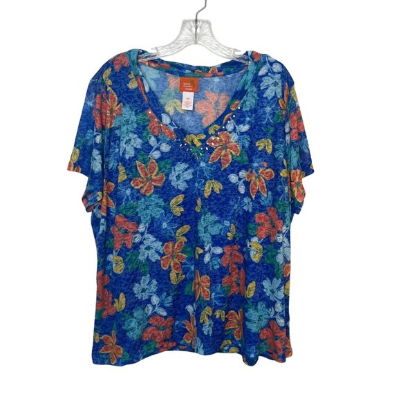 Hearts Of Palm Two Layer Shirt Womens 2X Floral Blue - Picture 1 of 11